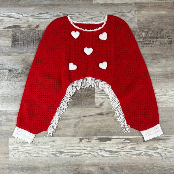 Handmade Crochet Sweater Red White Heart Fringe Festival Top Valentine Boho - Picture 1 of 7